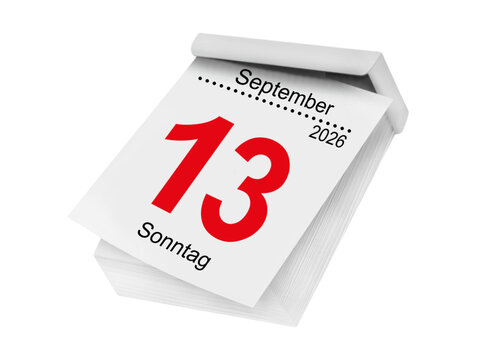 German calendar 2026 September 13  Sunday isolated on white background