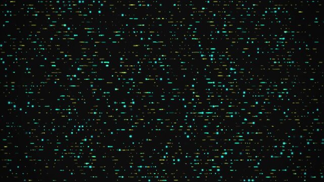 A high-tech digital data stream features glowing teal and yellow pixels floating across a dark background representing information flow.