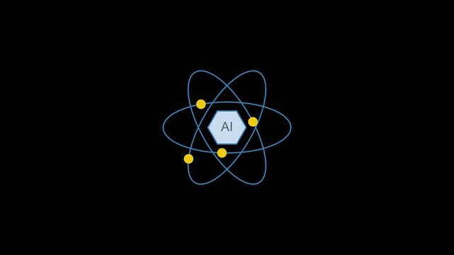 Artificial intelligence atom symbol with electrons orbiting hexagon nucleus over black background representing quantum computing and high tech science concepts.