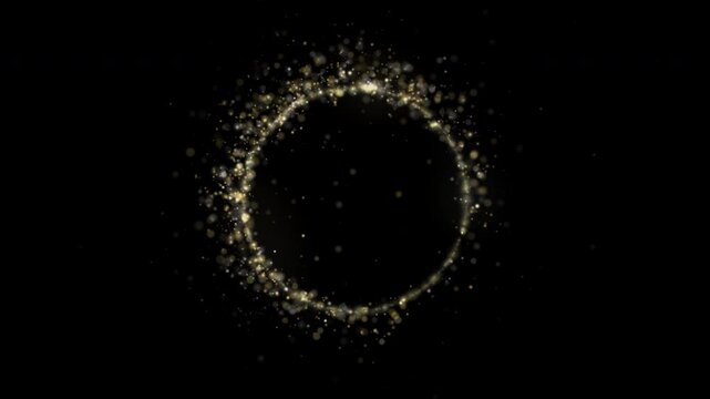 Shimmering golden particles form a circular frame against a deep black background, perfect for festive holiday designs and luxury branding.