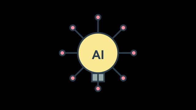 Artificial intelligence icon animation featuring glowing neural nodes connected to central hub representing futuristic digital brain technology in simple line art.