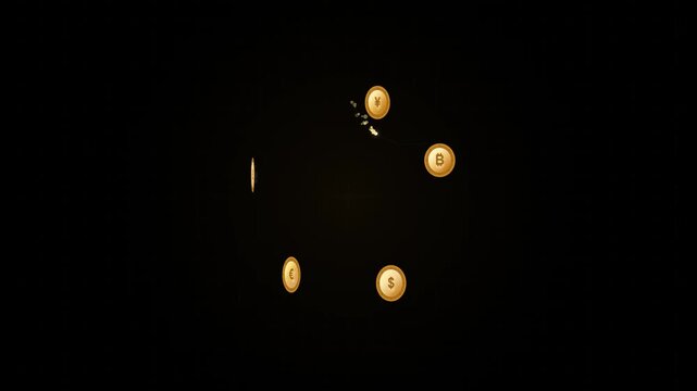 Floating golden currency coins rotating in circular motion on black background with light sparks including bitcoin dollar euro yen and pound symbols for finance.