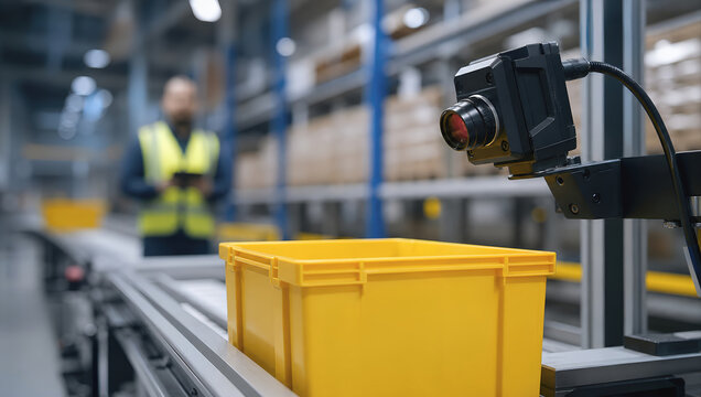 Industrial camera monitoring yellow container on conveyor in warehouse with worker in safety vest nearby