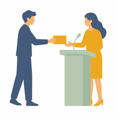 Fototapeta premium Flat vector illustration of a man in blue handing a yellow envelope to a woman standing at a podium with a microphone during an award ceremony or formal business presentation.