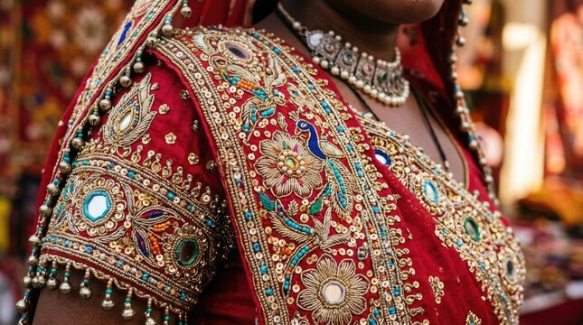 Indian bridal textile: Rajasthani attire, golden embroidery, red fabric, mirror decoration, ethnic fashion, cultural heritage, peacock ornament, luxury craftsmanship, bead detail.