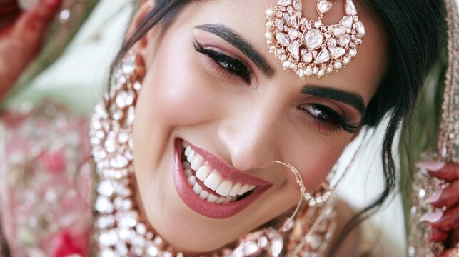 Bride smiles during wedding ceremony in a decorated venue with guests watching