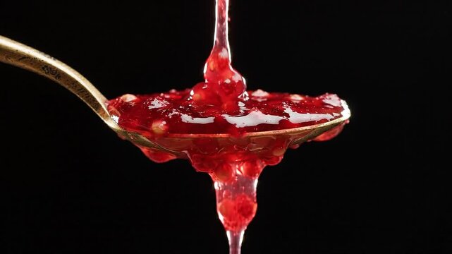Red fruit jam dripping onto a vintage golden spoon against a black background.