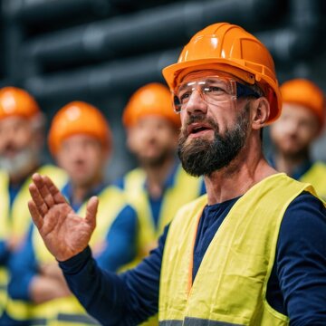 Construction foreman in orange hard hat and yellow safety vest speaking to a team of workers