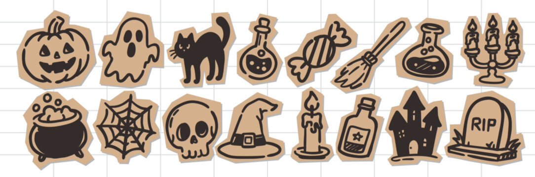 Halloween scrapbook element collection featuring spooky hand drawn illustrations with a vintage paper cutout style, perfect for seasonal crafts, cards, journals, stickers, and creative projects
