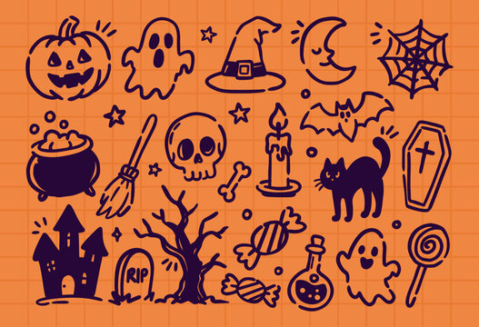 Hand drawn Halloween doodle elements with an orange background, featuring spooky seasonal illustrations in a cute vintage style for festive creative projects