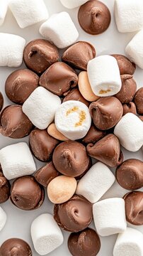 Soft white marshmallows and rich brown chocolate drops arranged together, creating a sweet and tempting texture.
