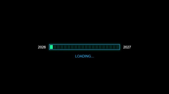 Digital countdown progress bar loading animation between years 2026 and 2027 showing advancement of time towards new year celebration event in dark background.