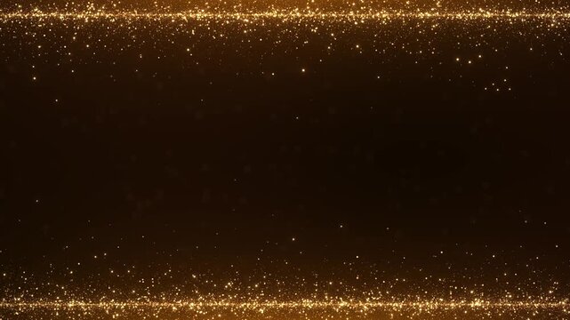 Elegant gold particles form luminous horizontal edges around an open dark center with subtle bokeh. Perfect for luxury banners, product displays, celebration cards and sophisticated event graphics 4K.