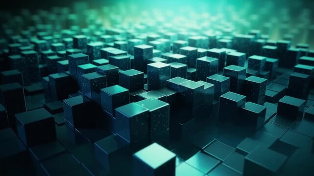 Abstract digital cityscape with glowing blue and teal cubes in a futuristic grid pattern