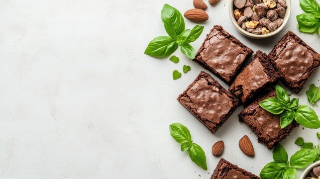 Rich chocolate squares with fresh basil leaves and almonds on a light grey surface.