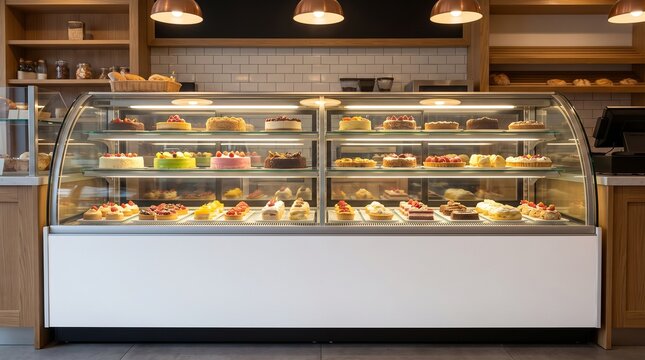 Refrigerated cake display case with assorted desserts in a modern bakery shop interior.