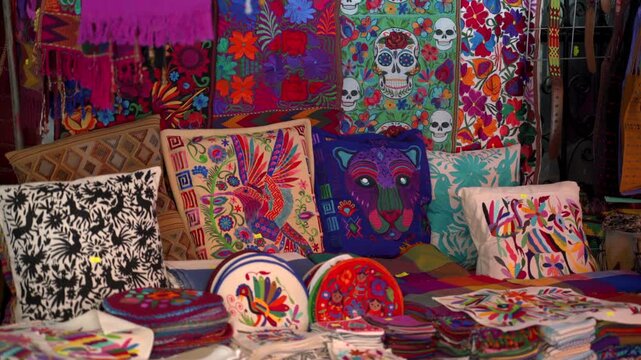 Static medium shot of vibrant traditional Mexican handicrafts including embroidered cushions, skull wall hangings, and purses at a souvenir market.
