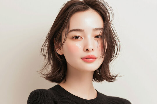 スキンケア, ヘアスタイル, メイク, ファッション, 日本人, 女性, 20代, アジア人, 美人, ポートレート, 美容, 美肌, ナチュラル, 白, 清潔感, 透明感, ライフスタイル, 若い, 可愛い, 清楚, モデル, 屋内, 明るい, 柔らかい光, コピースペース, 広告, ウェブ素材, 化粧品, エステ, 健康, 爽やか, 上品, 微笑み, 視線, 高画質, z世代, 都会的, トレ