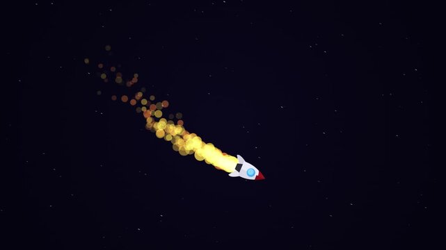 Cartoon rocket ship flying through deep space with bright fire trail and glowing bokeh particles against starry dark background for creative motion design project.