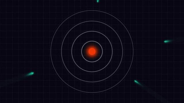 Digital radar screen showing glowing projectiles approaching central target area on dark grid map dynamic motion graphic animation for strategic military interface.