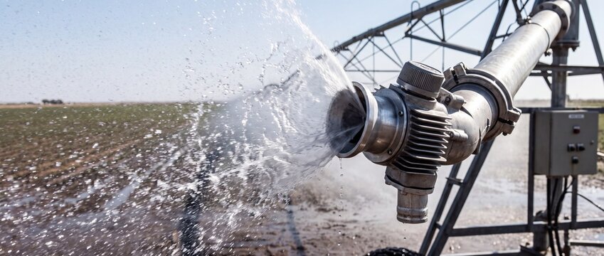 Industrial irrigation nozzle sprays water over green farm fields using center pivot system for efficient crop hydration management.