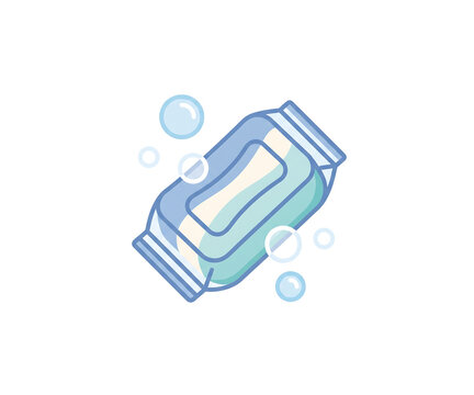 Fresh soap bar vector icon with bubbles for washing and personal cleanliness.