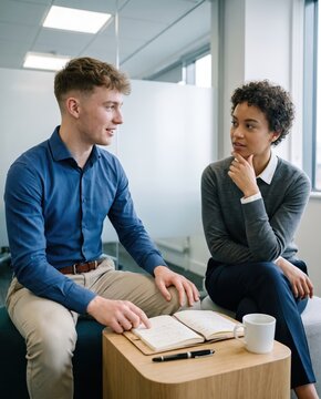 Generative AI, Diverse colleagues in a one-on-one discussion at a modern office lounge