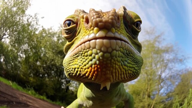 Close-up extreme angle of a chameleon's face with textured skin and bright eyes