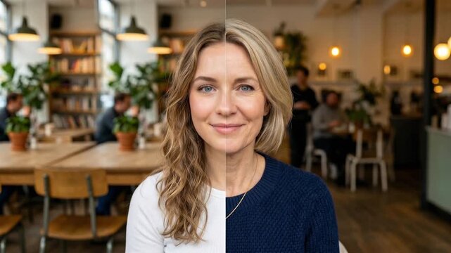 Smiling women in a cozy cafe, looking directly at the camera with a warm expression. Split screen of a young and older woman