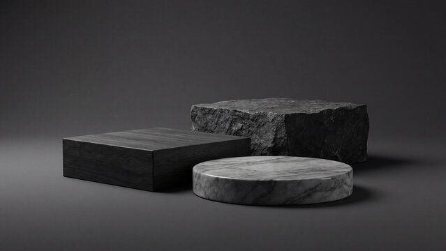 Display podiums featuring a round marble platform, a square black block, and a rough dark rock stand in a dark studio setting.