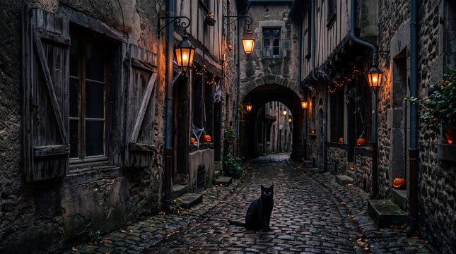 Black cat sitting on a wet cobblestone street in a narrow medieval european town alleyway at night with glowing jack-o-lanterns, hanging lanterns, and old stone buildings