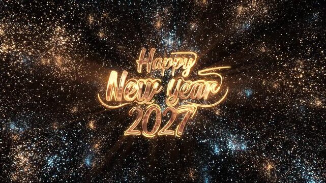 Luxury 2027 New Year greeting shines in rose gold calligraphy within a galaxy of glittering particles. Perfect for festive promotions, social posts, screens, holiday openers and elegant announcements.