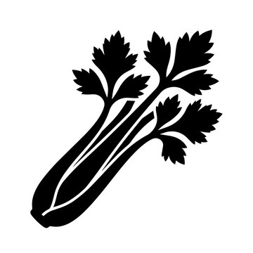 Black silhouette of a fresh bunch of celery stalks with leafy tops, isolated on a clean white background