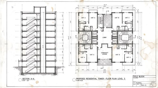 Architectural blueprint showing apartment building floor plan
