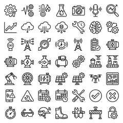 Fototapeta premium Collection of industrial automation, data analysis, and technology line featuring gears, cloud computing, graphs, and sensors on white
