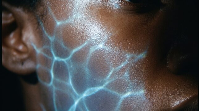 Macro close up of dark skin with glowing aquatic water caustics light