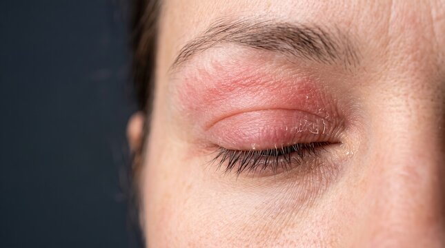 Close up of swollen red eyelid with eczema rash and dry flaky skin