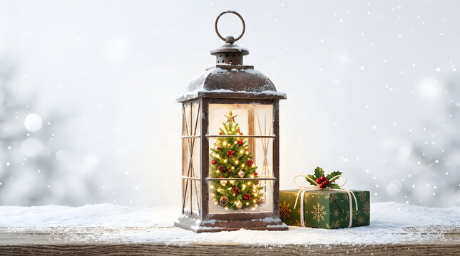 Miniature christmas tree inside a vintage lantern with gift box