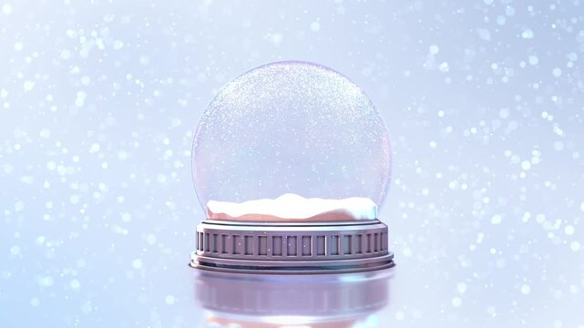 Simple glass snow globe with blank snowy interior and floating white bokeh on an icy pastel background. Perfect for holiday mockups, winter branding, festive advertising, invitations and logo reveals.
