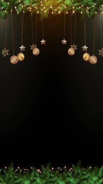 Christmas frame made with green pine branches, warm string lights, gold baubles, stars and snowflakes around dark copy space. Perfect for festive greetings, holiday titles, promotions and invitations.