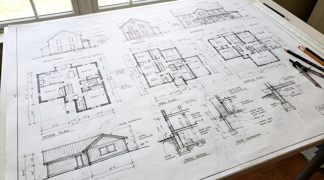 Architectural blueprints and drafting tools on office desk