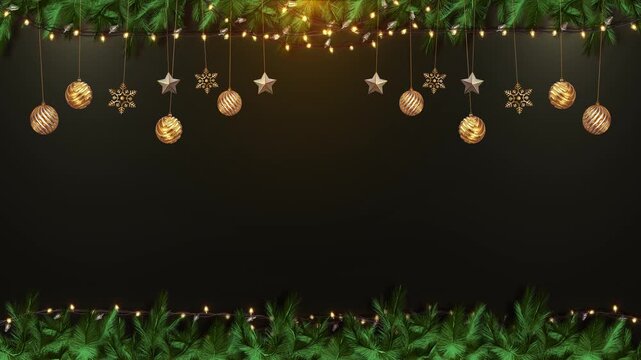 Elegant winter border features evergreen foliage, glowing bulbs and hanging golden ornaments around an empty black center. Perfect for Christmas cards, product advertising, event messages or branding.