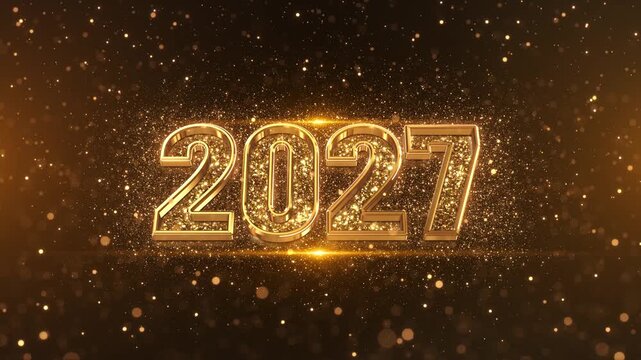 Luxury 2027 typography shines with metallic gold edges, crystal texture and floating bokeh. Perfect for holiday campaign, party invitations, corporate announcements, awards and seasonal event screens.