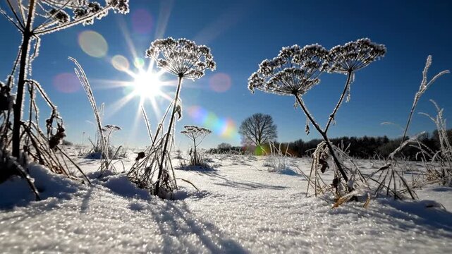 Frosty plants in snowy winter field under bright sun