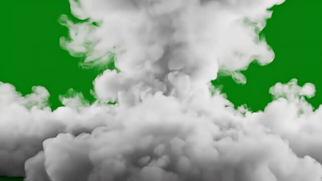 Dense white smoke cloud explosion on green background with dramatic fluffy texture and dynamic movement