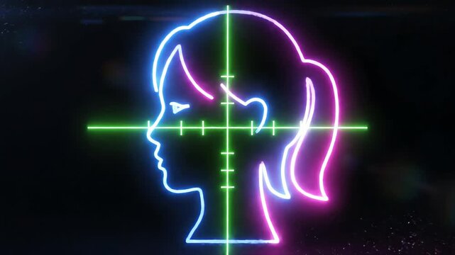 Neon cyberpunk female face outline with digital crosshair