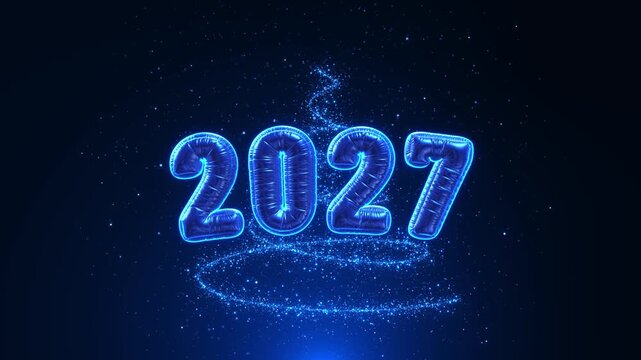 Electric neon 2027 typography shines through a spiral of blue stardust and luminous bokeh. Perfect for modern holiday promotions, 19 themes, party invitations, broadcasts and new logo reveals.