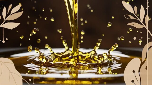 Oil pouring and splashing in slow motion macro close up with golden botanical frame