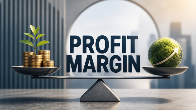 Conceptual business illustration of profit margin balancing coin stacks and plant growth against a green globe with rising arrow.