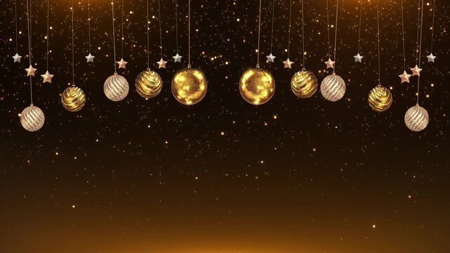 Luxury ornament border features suspended gold spheres, silver decorations and glowing particles with open copy space. Perfect for Christmas promotions, celebration cards, branding and event messages.
